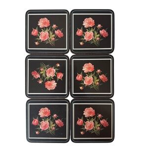 Vintage Pimpernel Six Acrylic Traditional Coaster Set Peony Spray Black Pink